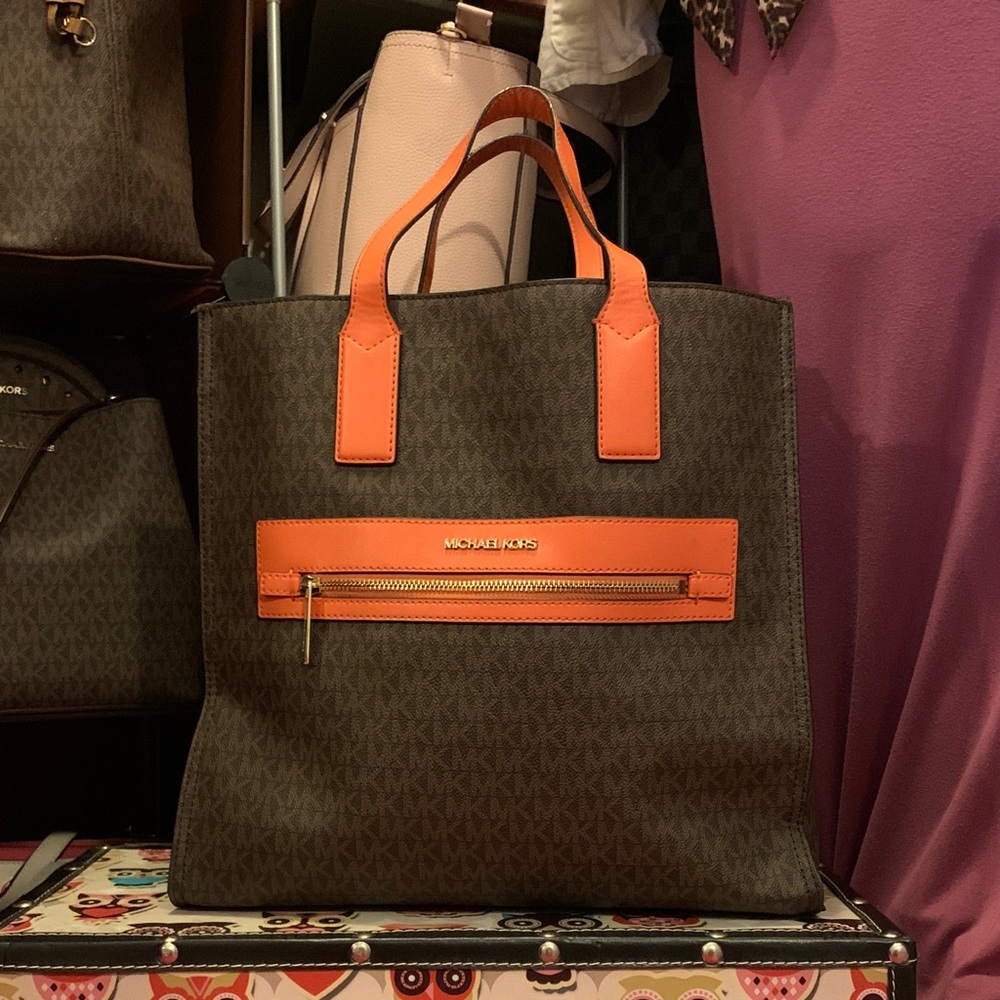 Michael Kors Brown Tote with Orange Trim and Handles